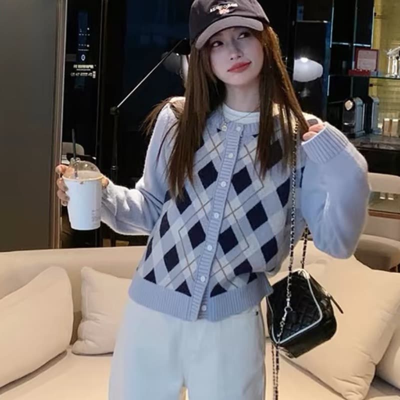 한 부서 링 그리드 니트 오픈 가디건 여성 가을 라운드 넥 스웨터 코트 레트로 학원 슬림해 보이는 외출용 맨위 이미지 5