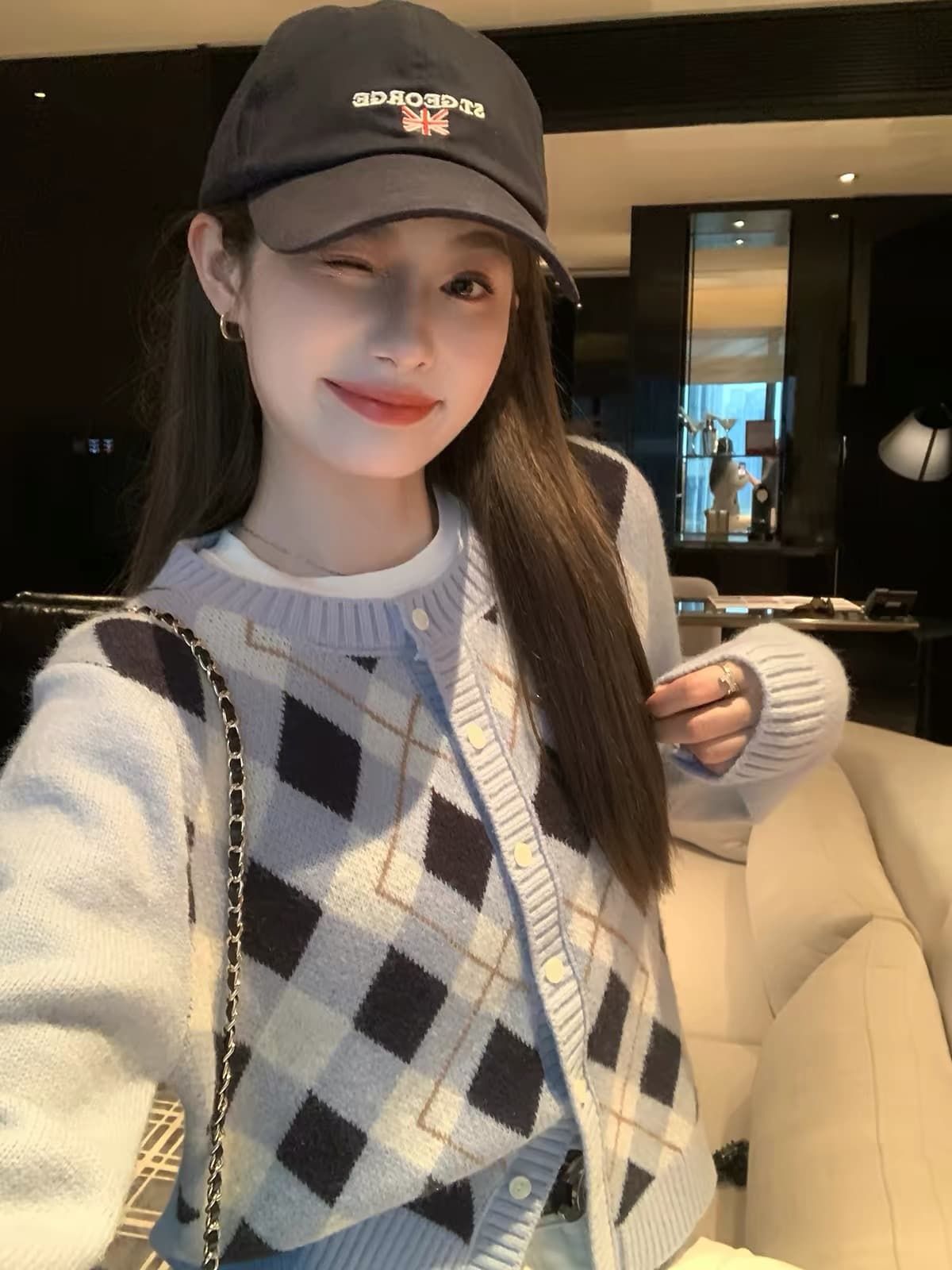 한 부서 링 그리드 니트 오픈 가디건 여성 가을 라운드 넥 스웨터 코트 레트로 학원 슬림해 보이는 외출용 맨위 상세 이미지 2