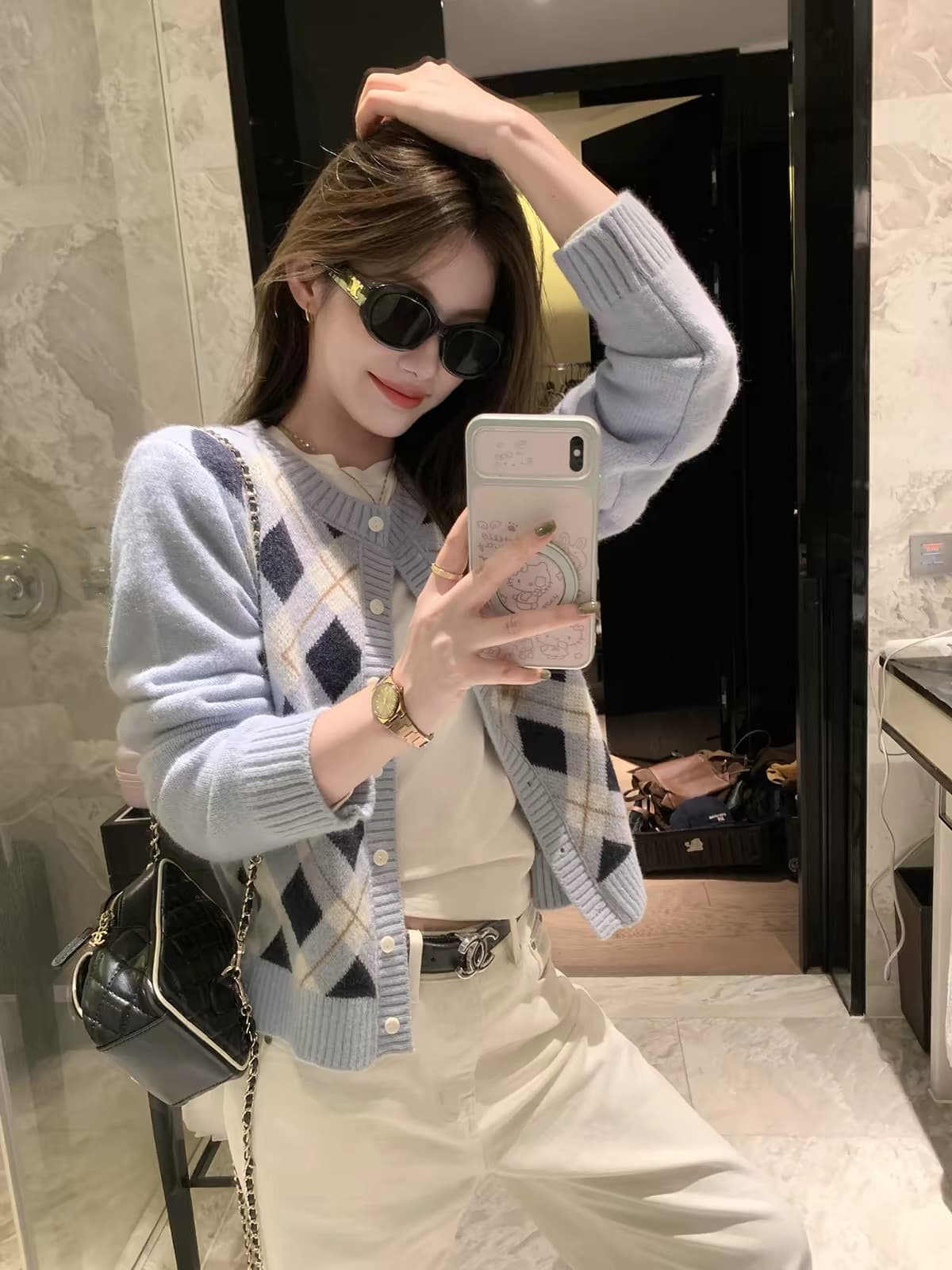 한 부서 링 그리드 니트 오픈 가디건 여성 가을 라운드 넥 스웨터 코트 레트로 학원 슬림해 보이는 외출용 맨위 상세 이미지 3