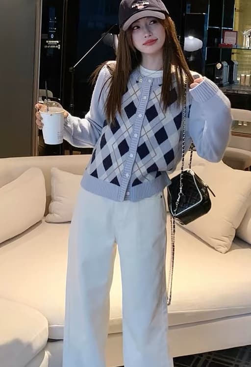 한 부서 링 그리드 니트 오픈 가디건 여성 가을 라운드 넥 스웨터 코트 레트로 학원 슬림해 보이는 외출용 맨위 상세 이미지 7