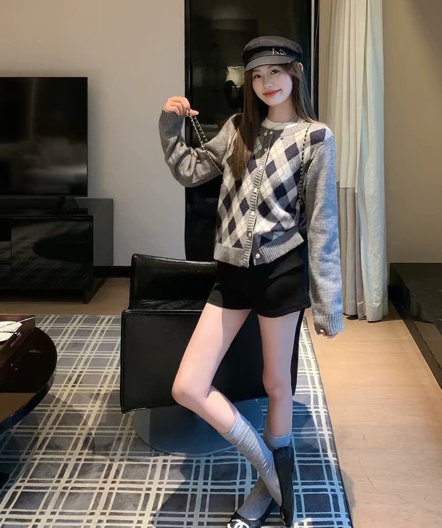 한 부서 링 그리드 니트 오픈 가디건 여성 가을 라운드 넥 스웨터 코트 레트로 학원 슬림해 보이는 외출용 맨위 상세 이미지 9