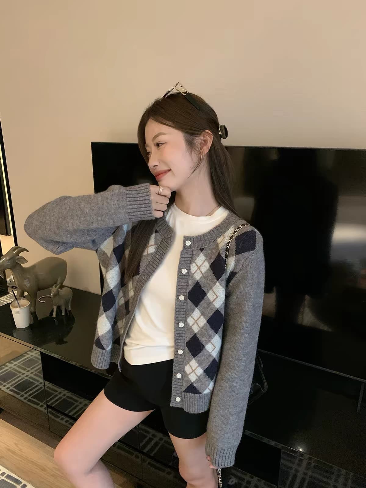 한 부서 링 그리드 니트 오픈 가디건 여성 가을 라운드 넥 스웨터 코트 레트로 학원 슬림해 보이는 외출용 맨위 상세 이미지 16