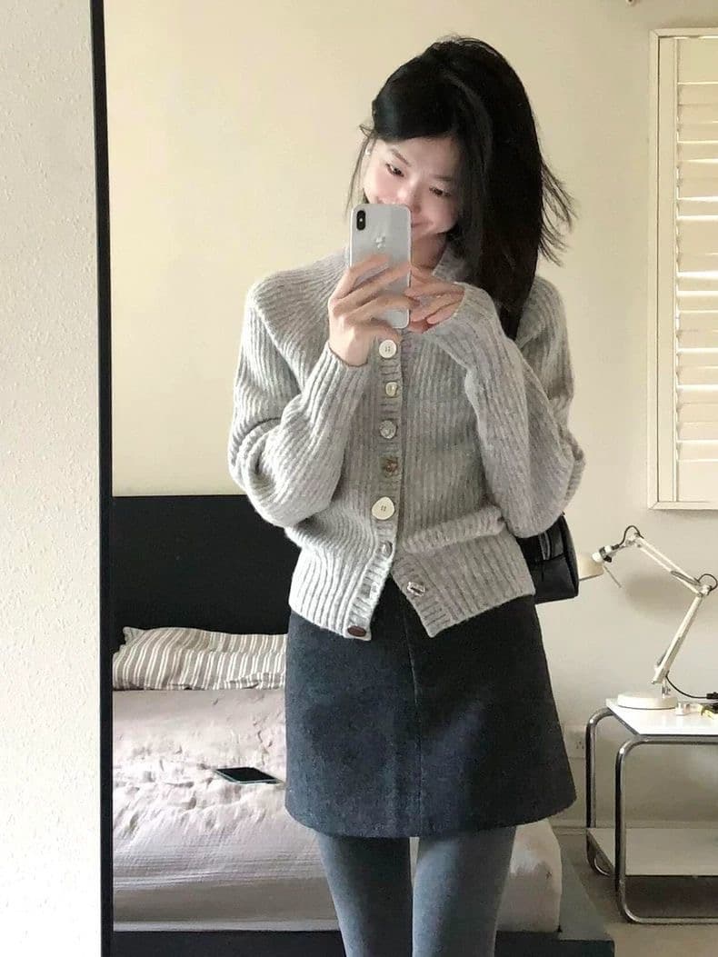 한 부서 고급 센스 홋카이도 제직 사랑 회색 니트 오픈 가디건 스웨터 여자 봄 다용도 모양의 버클 재킷 맨위 이미지 2