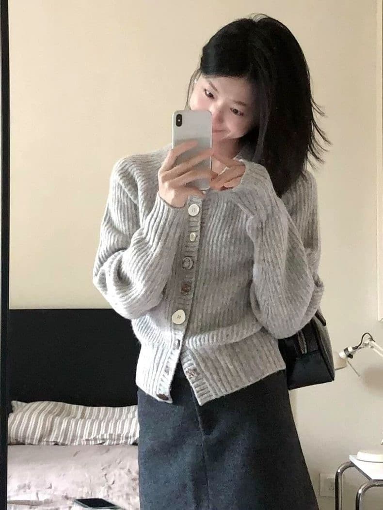 한 부서 고급 센스 홋카이도 제직 사랑 회색 니트 오픈 가디건 스웨터 여자 봄 다용도 모양의 버클 재킷 맨위 상세 이미지 4
