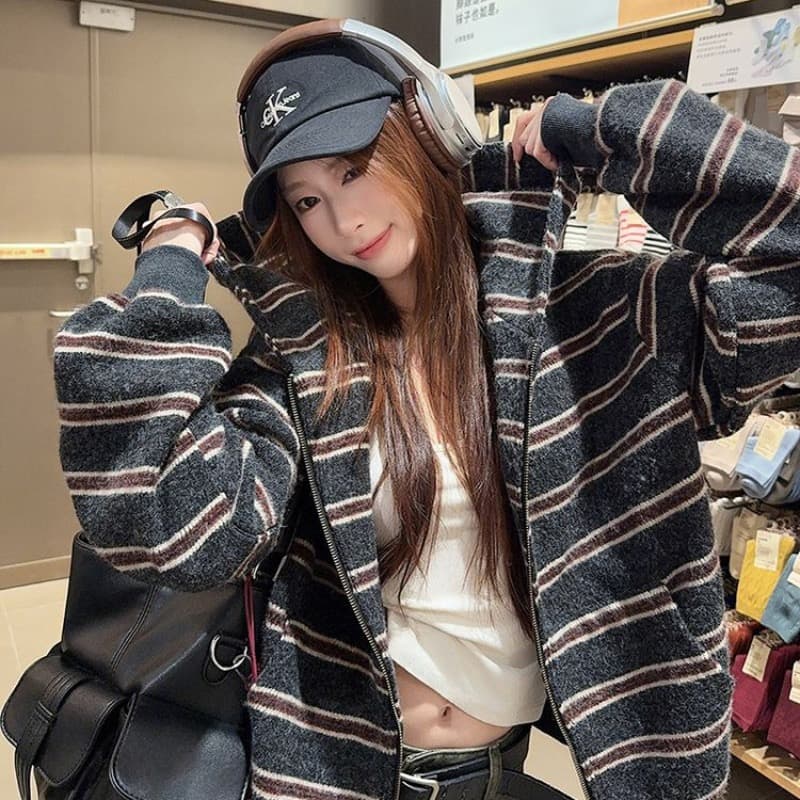 한 부서 레트로 루즈핏 후드 재킷 봄 가을 새로운 느긋한 바람 스트라이프 긴팔 니트 오픈 가디건 맨위 여성 외출용 이미지 5