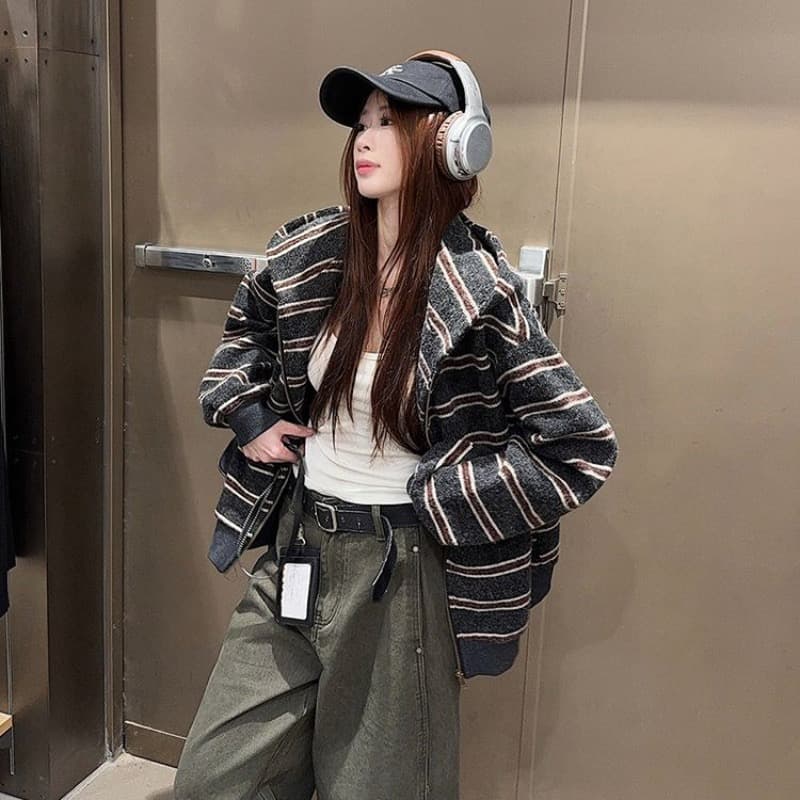 한 부서 레트로 루즈핏 후드 재킷 봄 가을 새로운 느긋한 바람 스트라이프 긴팔 니트 오픈 가디건 맨위 여성 외출용 이미지 3