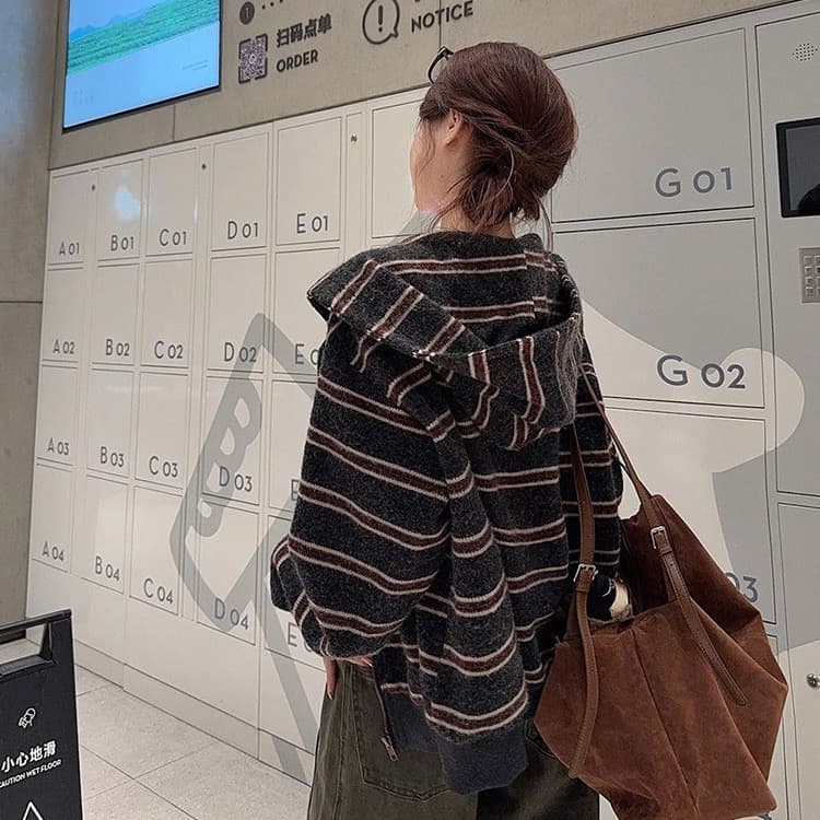 한 부서 레트로 루즈핏 후드 재킷 봄 가을 새로운 느긋한 바람 스트라이프 긴팔 니트 오픈 가디건 맨위 여성 외출용 이미지 4