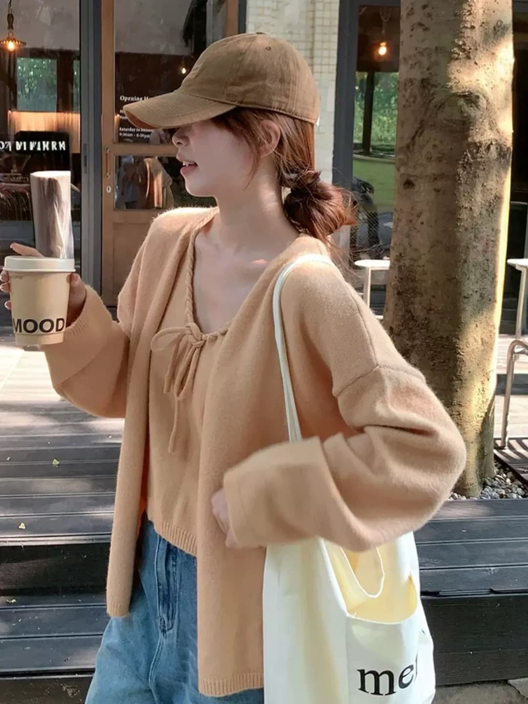 2026 슈퍼 화재 열린 봄 도파민 ootd 착용 가져 가라. 전체 집합 스웨터 오픈 가디건 레이스업 캐미솔 투피스 슈트