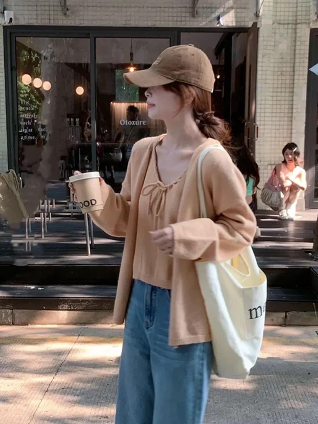 2026 슈퍼 화재 열린 봄 도파민 ootd 착용 가져 가라. 전체 집합 스웨터 오픈 가디건 레이스업 캐미솔 투피스 슈트 이미지 4