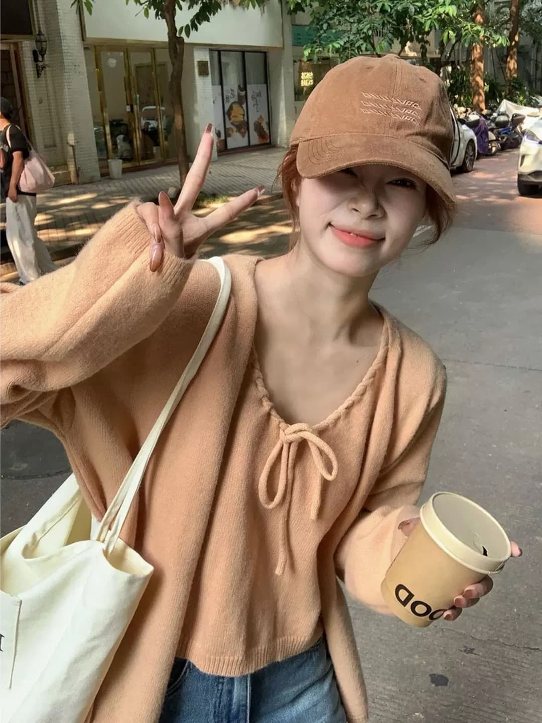 2026 슈퍼 화재 열린 봄 도파민 ootd 착용 가져 가라. 전체 집합 스웨터 오픈 가디건 레이스업 캐미솔 투피스 슈트 이미지 3