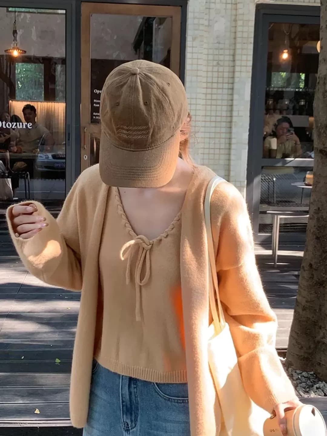 2026 슈퍼 화재 열린 봄 도파민 ootd 착용 가져 가라. 전체 집합 스웨터 오픈 가디건 레이스업 캐미솔 투피스 슈트 상세 이미지 3