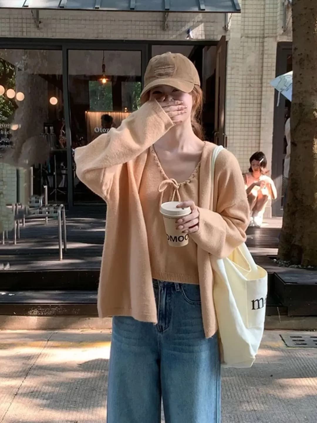 2026 슈퍼 화재 열린 봄 도파민 ootd 착용 가져 가라. 전체 집합 스웨터 오픈 가디건 레이스업 캐미솔 투피스 슈트 상세 이미지 4