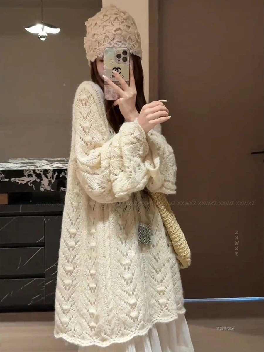 한국 동대문 이른 가을 새로운 나만의 것을 가져와 라. 분위기 느긋한 바람 품격 롱 코트 패션 프랑스식 부드러운 홀로우 아웃 스웨터 이미지 2