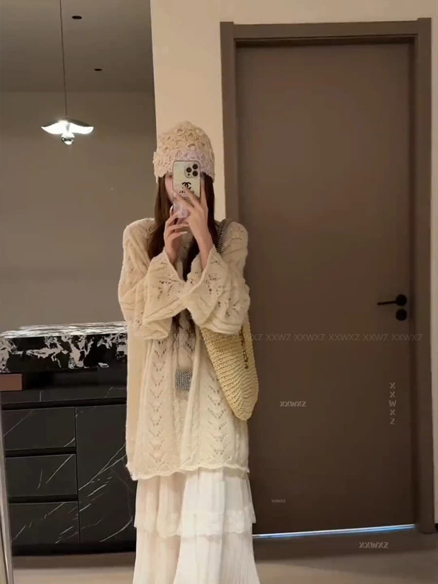 한국 동대문 이른 가을 새로운 나만의 것을 가져와 라. 분위기 느긋한 바람 품격 롱 코트 패션 프랑스식 부드러운 홀로우 아웃 스웨터 상세 이미지 3