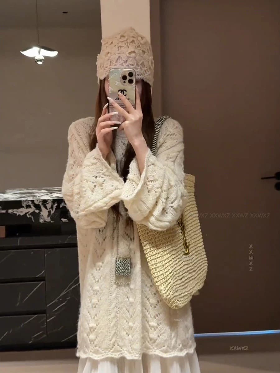 한국 동대문 이른 가을 새로운 나만의 것을 가져와 라. 분위기 느긋한 바람 품격 롱 코트 패션 프랑스식 부드러운 홀로우 아웃 스웨터 상세 이미지 4