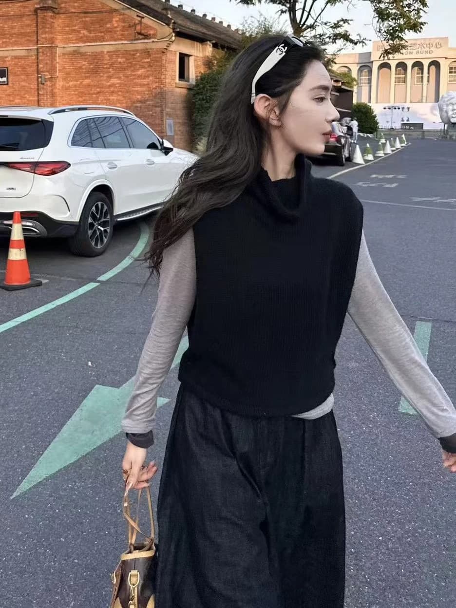 한 부서 검정색 터틀넥 스웨터 조끼 조끼 여자 가을 겨울 스택 착용 외부 가져 가라. 말뚝 더미 칼라 민소매 니트 어깨 맨위