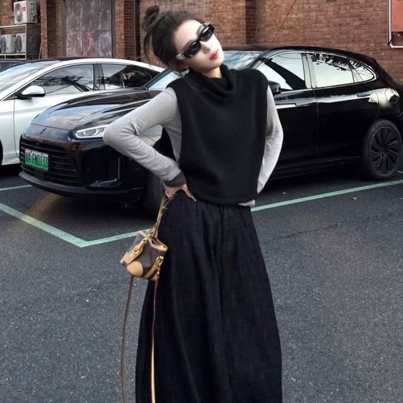 한 부서 검정색 터틀넥 스웨터 조끼 조끼 여자 가을 겨울 스택 착용 외부 가져 가라. 말뚝 더미 칼라 민소매 니트 어깨 맨위 이미지 5