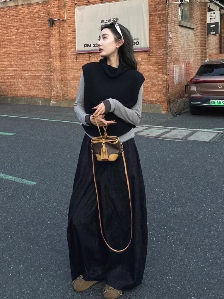한 부서 검정색 터틀넥 스웨터 조끼 조끼 여자 가을 겨울 스택 착용 외부 가져 가라. 말뚝 더미 칼라 민소매 니트 어깨 맨위 상세 이미지 2