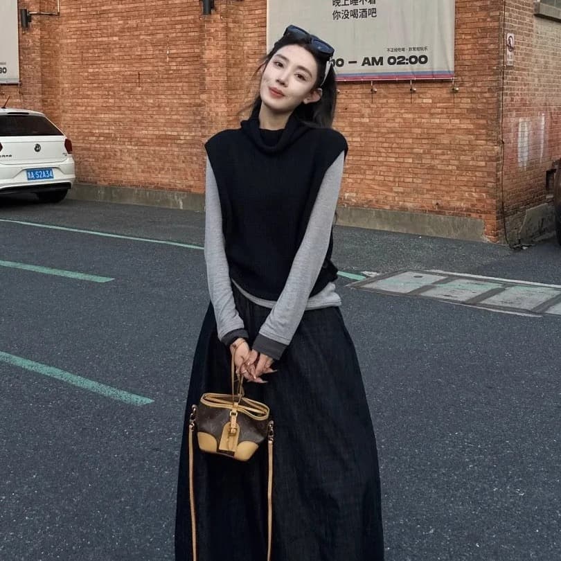 한 부서 검정색 터틀넥 스웨터 조끼 조끼 여자 가을 겨울 스택 착용 외부 가져 가라. 말뚝 더미 칼라 민소매 니트 어깨 맨위 상세 이미지 3