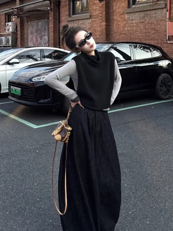 한 부서 검정색 터틀넥 스웨터 조끼 조끼 여자 가을 겨울 스택 착용 외부 가져 가라. 말뚝 더미 칼라 민소매 니트 어깨 맨위 상세 이미지 5
