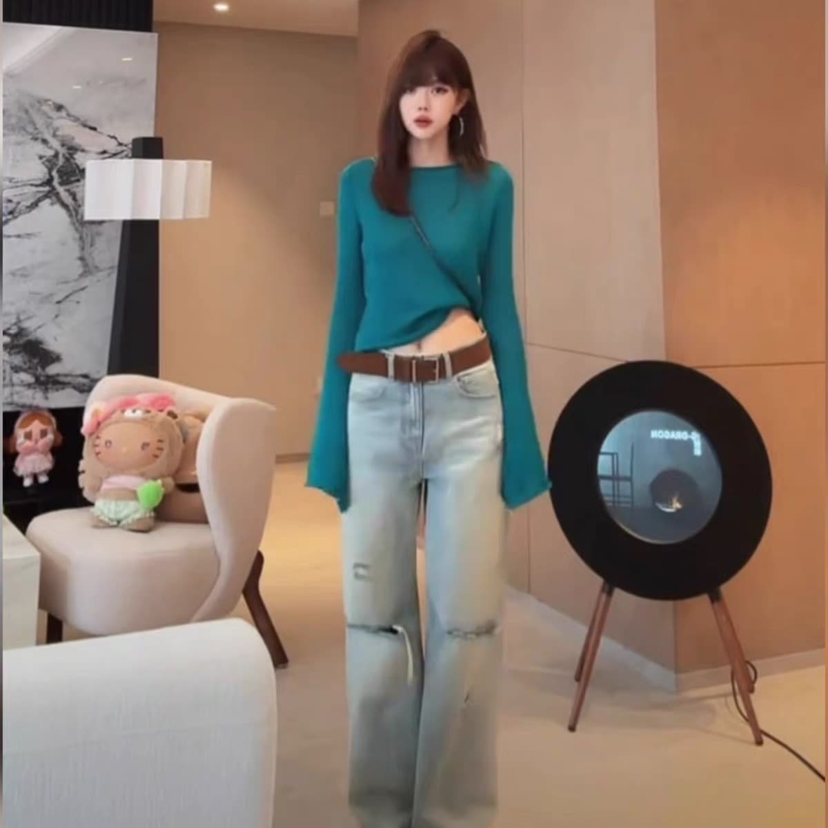 게으른 빛 산소 셔츠 색상 통제 ji 제인 지배 보트 칼라 부츠컷 긴팔 니트 스웨터 맨위 이미지 3