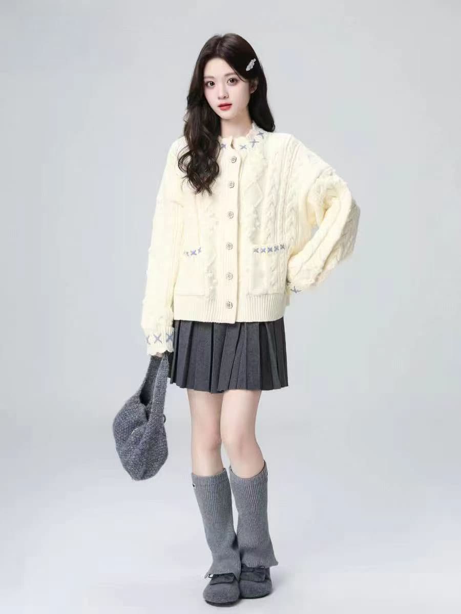 루즈핏 꽈배기 화이트 스웨터 여성 코트 가을 겨울철 느긋한 바람 두꺼운 니트 오픈 가디건 외출용 맨위 이미지 2