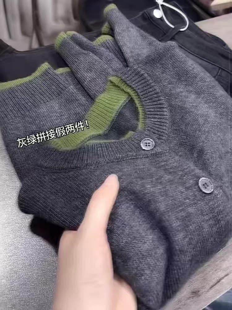 유럽 상품 회색 페이크 레이어드 니트 오픈 가디건 여성 2026 가을 새로운 캐주얼 보온 스웨터 코트 상세 이미지 3
