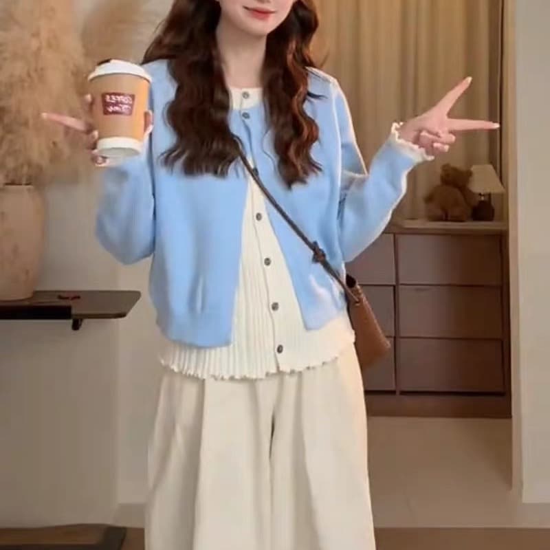 한 부서 부드러운 바람 배색 페이크 레이어드 니트 오픈 가디건 여성 가을 겨울 디자인 센스 루즈핏 슬림해 보이는 다용도 스웨터 코트 이미지 4