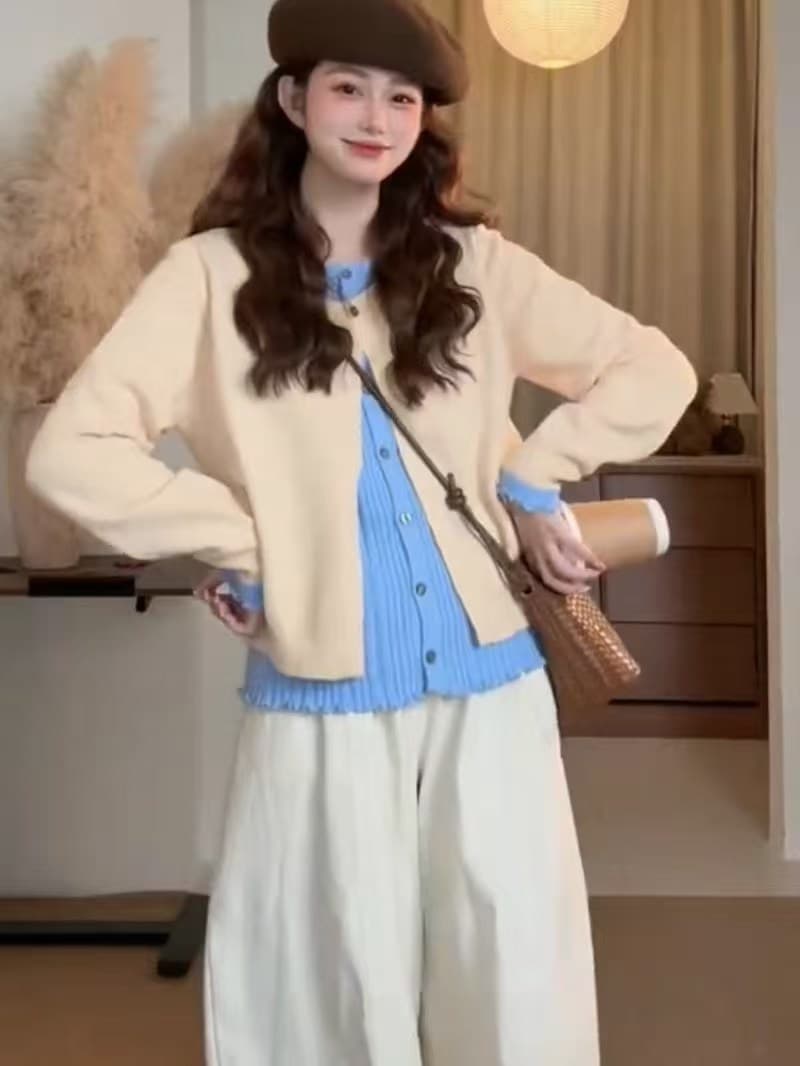 한 부서 부드러운 바람 배색 페이크 레이어드 니트 오픈 가디건 여성 가을 겨울 디자인 센스 루즈핏 슬림해 보이는 다용도 스웨터 코트 상세 이미지 2