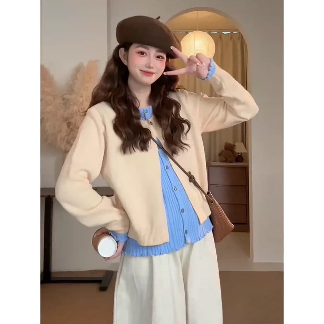 한 부서 부드러운 바람 배색 페이크 레이어드 니트 오픈 가디건 여성 가을 겨울 디자인 센스 루즈핏 슬림해 보이는 다용도 스웨터 코트 상세 이미지 3