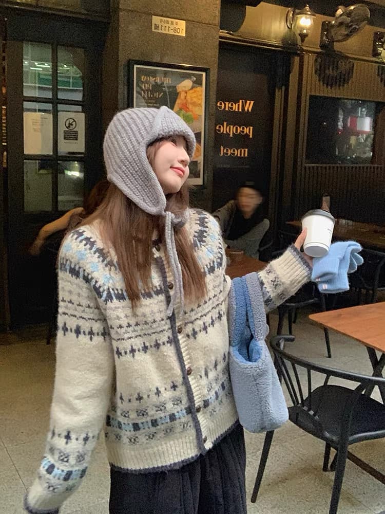 레트로 공정한 섬 자카드 스웨터 오픈 가디건 여성 코트 가을 느긋한 센스 루즈핏 라운드 넥 니트 스웨터 맨위 상세 이미지 4