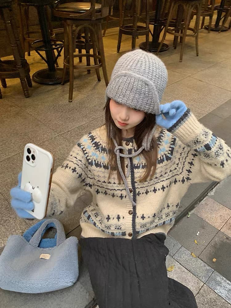 레트로 공정한 섬 자카드 스웨터 오픈 가디건 여성 코트 가을 느긋한 센스 루즈핏 라운드 넥 니트 스웨터 맨위 상세 이미지 5
