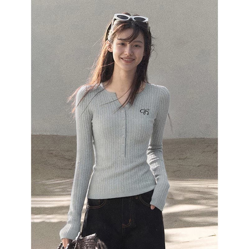 해군 헨리 칼라 긴팔 니트 스웨터 여성 조기 봄 가을 긍정적 인 어깨 몸매 가꾸기 타이트 스웨터 인사이드 가져 가라. 기본 셔츠 맨위 이미지 4