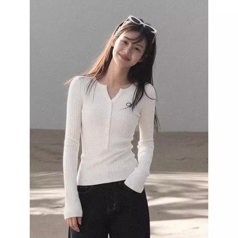 해군 헨리 칼라 긴팔 니트 스웨터 여성 조기 봄 가을 긍정적 인 어깨 몸매 가꾸기 타이트 스웨터 인사이드 가져 가라. 기본 셔츠 맨위 이미지 3