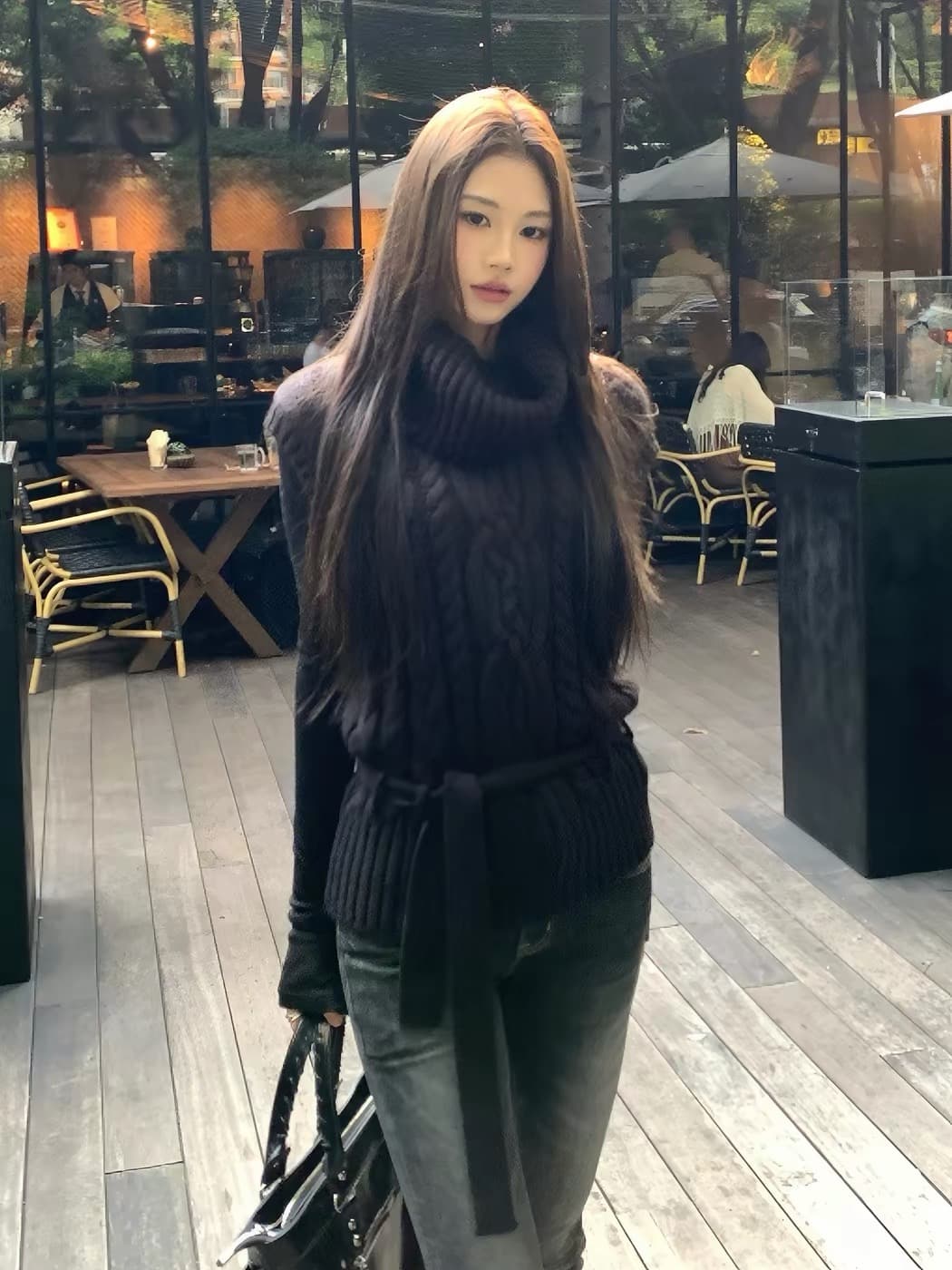 한국 스타일 터틀넥 니트 조끼 여성 고급 센스 민소매 어깨 꽈배기 스웨터 베스트 스택 착용 루즈핏 레이스업 맨위 상세 이미지 2