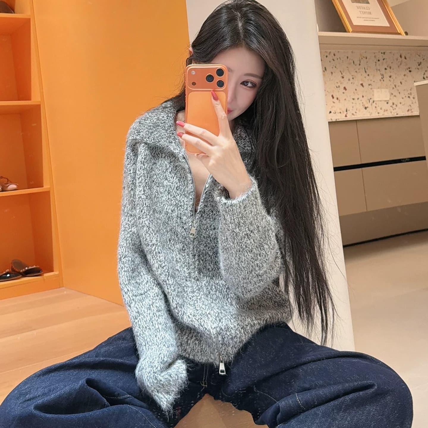 26 가을과 겨울 부드러운 찹쌀 긴 머리 꽃 실 폴로 칼라 스웨터 여성 코트 느긋한 루즈핏 두꺼운 더블 지퍼 니트 오픈 가디건 상세 이미지 1
