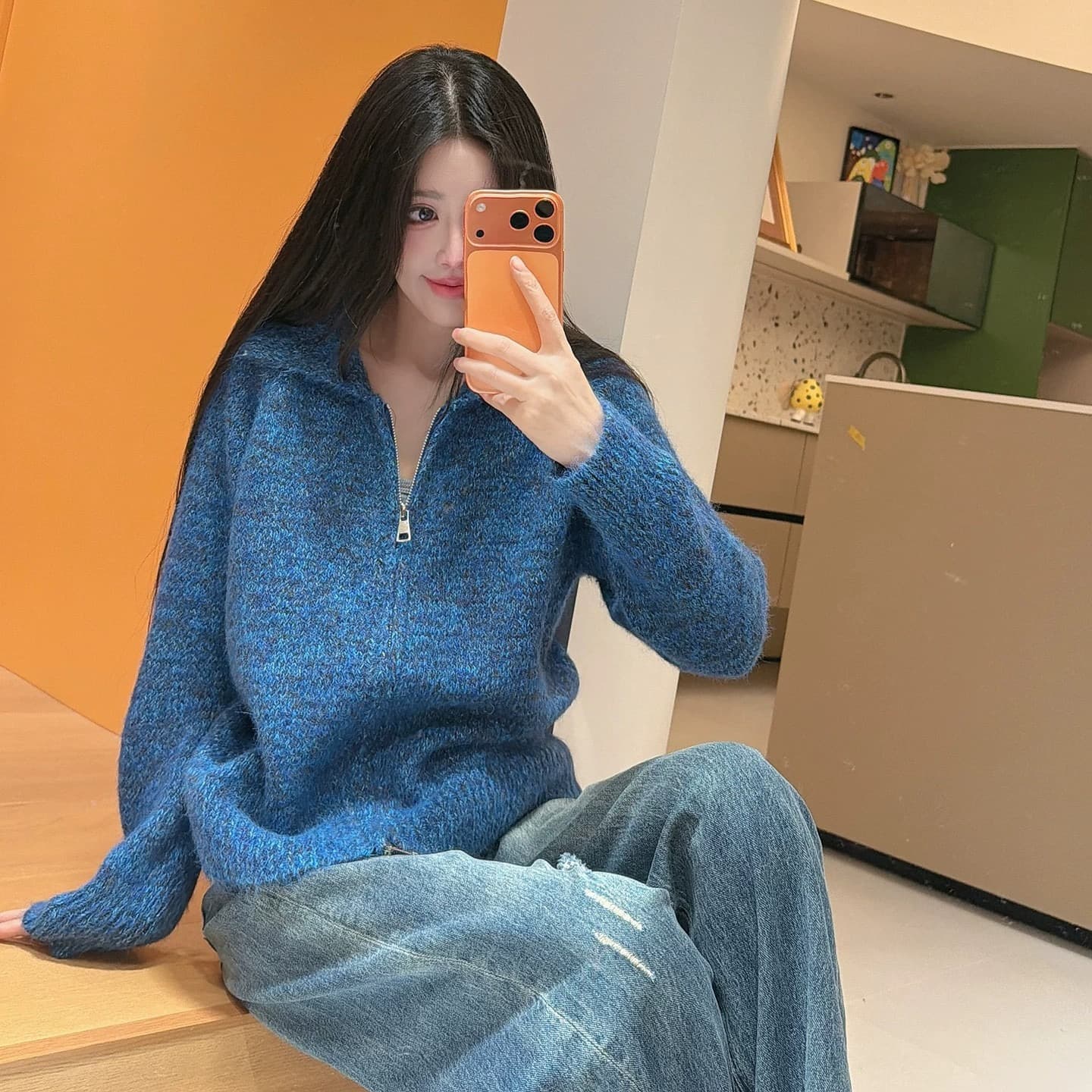26 가을과 겨울 부드러운 찹쌀 긴 머리 꽃 실 폴로 칼라 스웨터 여성 코트 느긋한 루즈핏 두꺼운 더블 지퍼 니트 오픈 가디건 상세 이미지 4