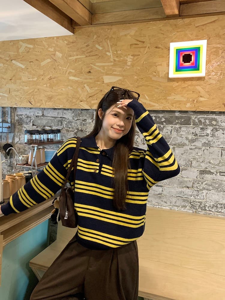 한 부서 세련된 배색 스트라이프 폴로 칼라 스웨터 여자 디자인 센스 캐주얼 루즈핏 풀오버 긴팔 니트 맨위 이미지 2