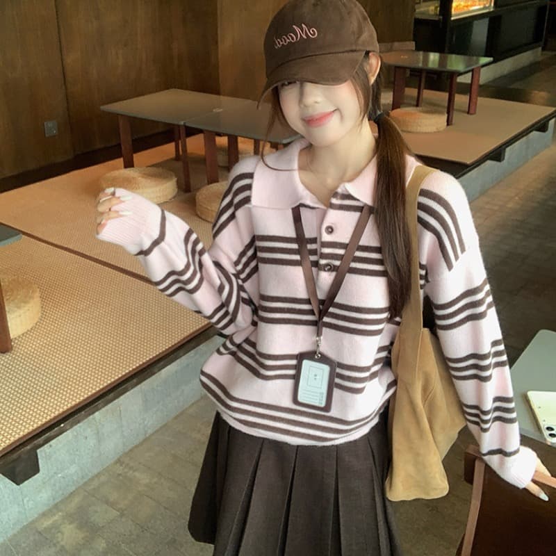 한 부서 세련된 배색 스트라이프 폴로 칼라 스웨터 여자 디자인 센스 캐주얼 루즈핏 풀오버 긴팔 니트 맨위 상세 이미지 3