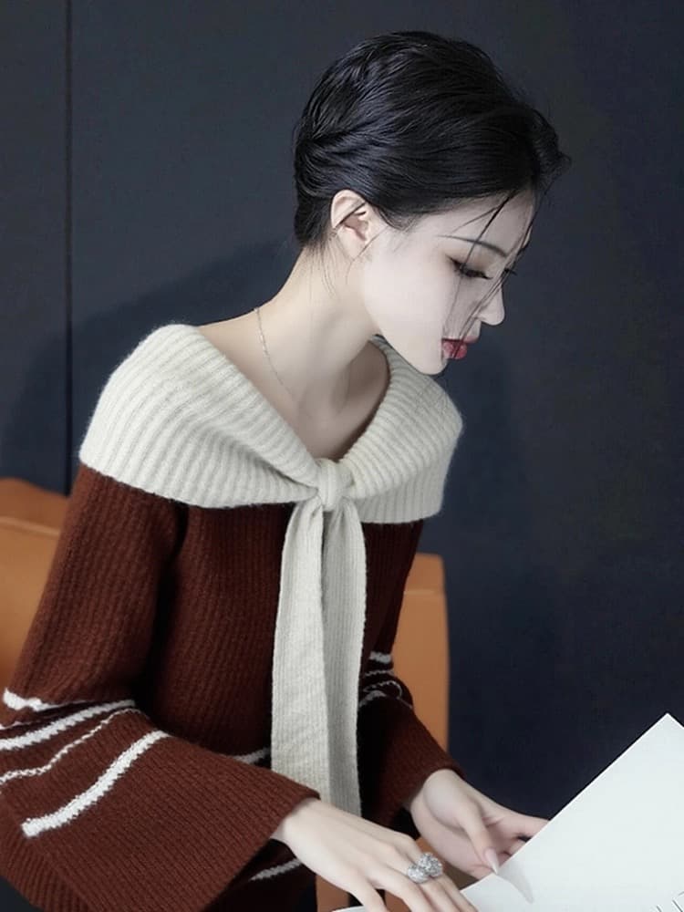 유럽 상품 고유 한 Chic 인사이드 가져 가라. 스트라이프 니트 스웨터 고급 센스 느긋한 바람 브라운 스카프 칼라 스웨터 여자 가을 상세 이미지 4