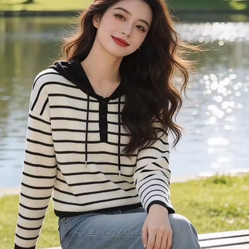 스트라이프 후드 니트 스웨터 풀오버 스웨트셔츠 여성 봄 가을 새로운 고급 센스 패션 연령 감소 작은 키 만나는 맨위 상세 이미지 7