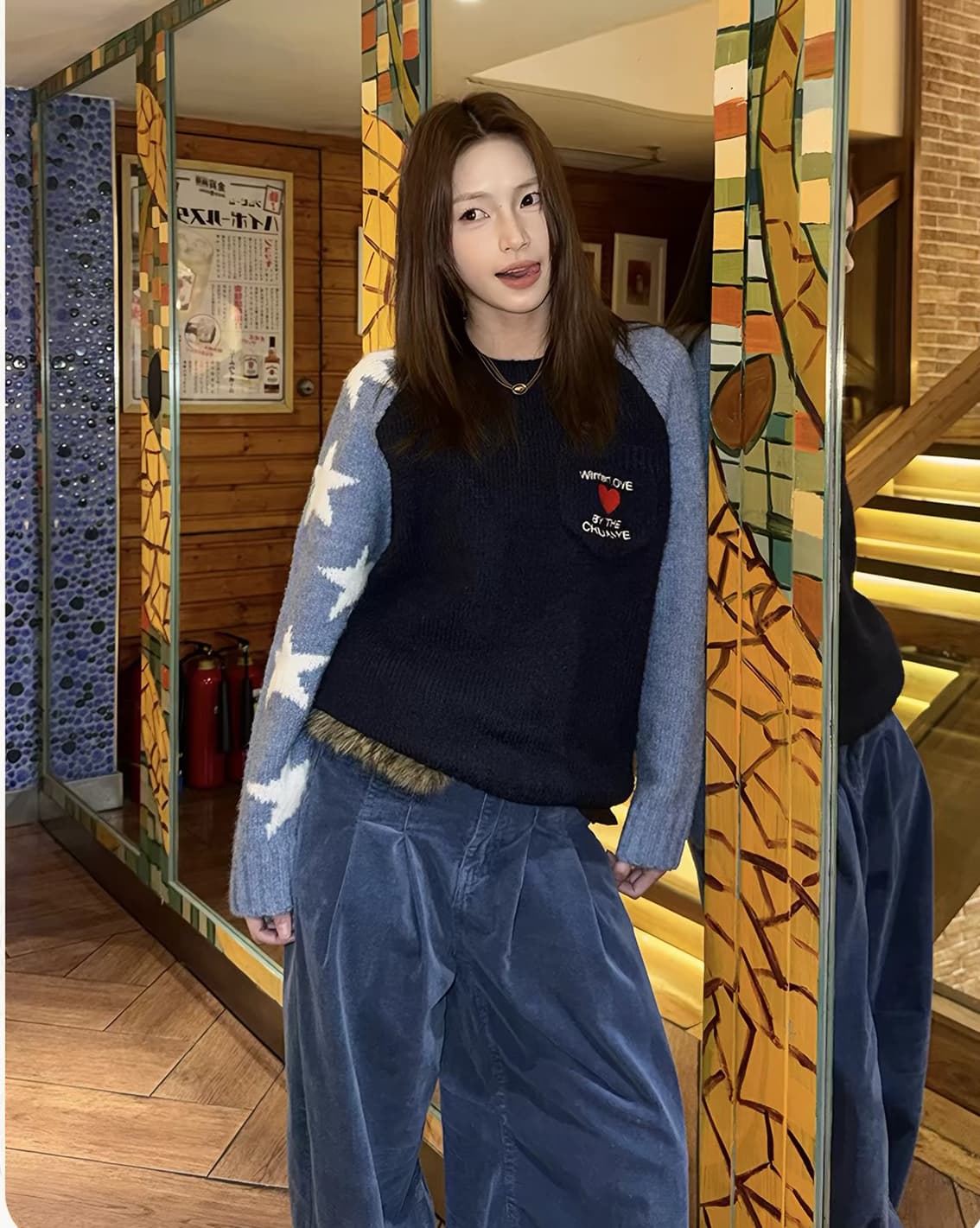 아메리칸 레트로 배색 별 루즈핏 삽입 어깨 소매 커버 머리 스웨터 여자 가을 겨울 느긋한 바람 긴팔 맨위 트렌디 상세 이미지 1