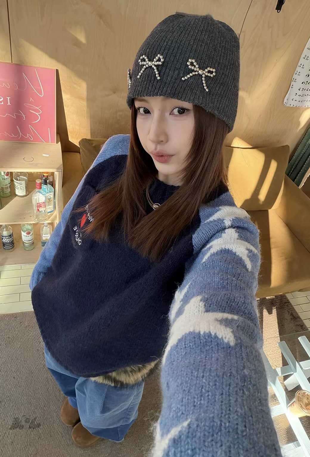 아메리칸 레트로 배색 별 루즈핏 삽입 어깨 소매 커버 머리 스웨터 여자 가을 겨울 느긋한 바람 긴팔 맨위 트렌디 상세 이미지 6