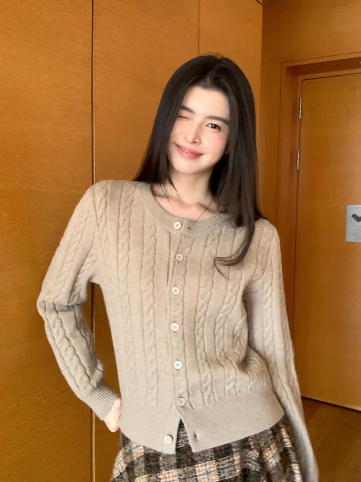 调性 꽈배기 세로 줄무늬 스웨터 오픈 가디건 여성 코트 몸매 가꾸기 라운드 넥 긴팔 니트 맨위 이미지 4