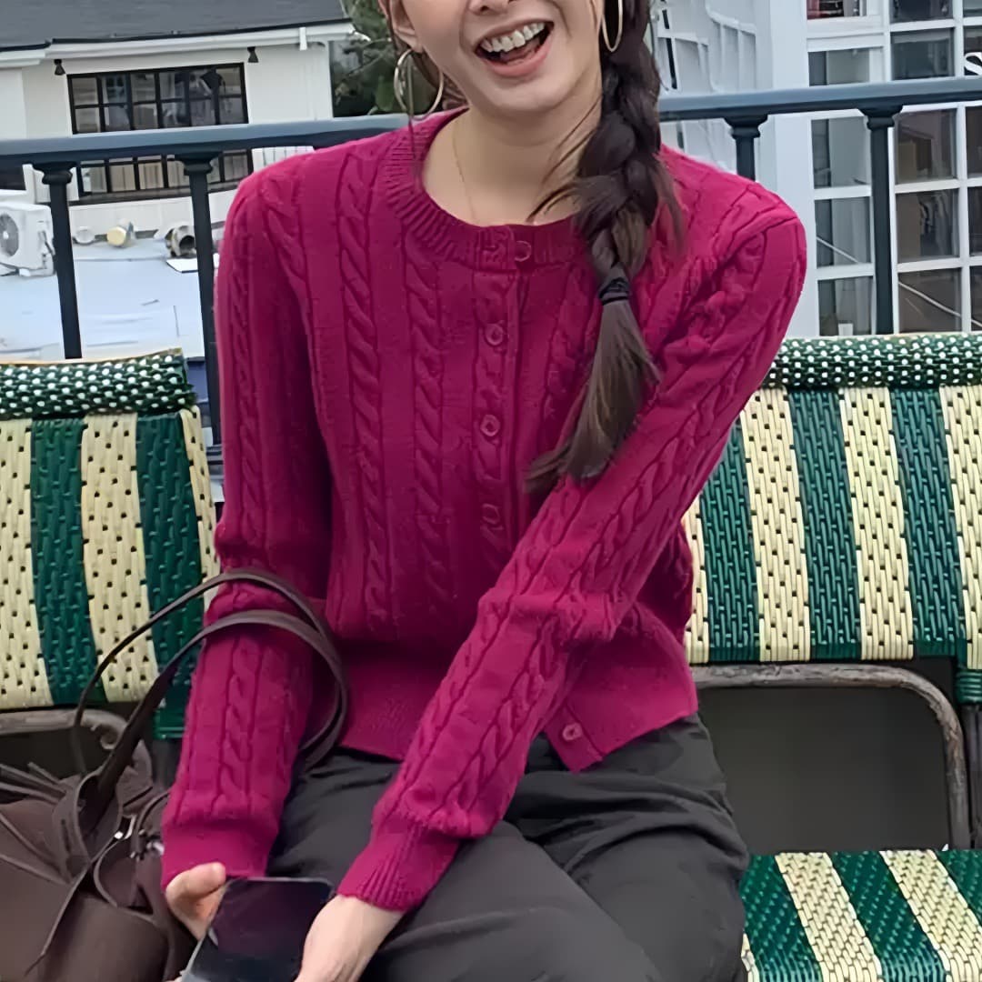 调性 꽈배기 세로 줄무늬 스웨터 오픈 가디건 여성 코트 몸매 가꾸기 라운드 넥 긴팔 니트 맨위 상세 이미지 3