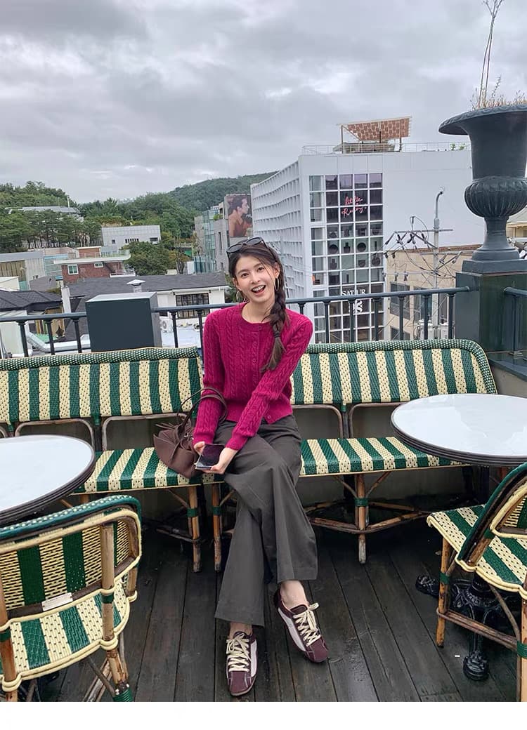 调性 꽈배기 세로 줄무늬 스웨터 오픈 가디건 여성 코트 몸매 가꾸기 라운드 넥 긴팔 니트 맨위 상세 이미지 6