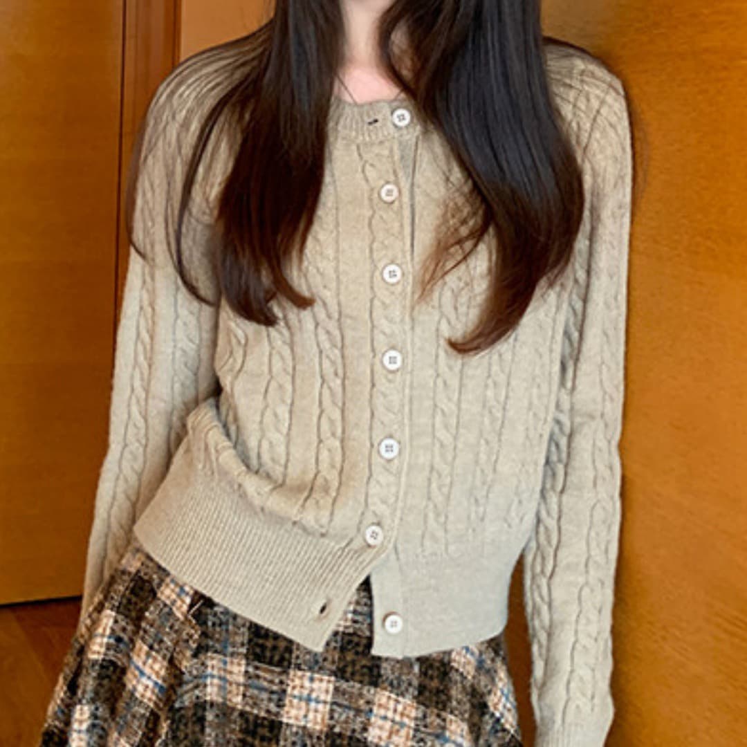 调性 꽈배기 세로 줄무늬 스웨터 오픈 가디건 여성 코트 몸매 가꾸기 라운드 넥 긴팔 니트 맨위 상세 이미지 9