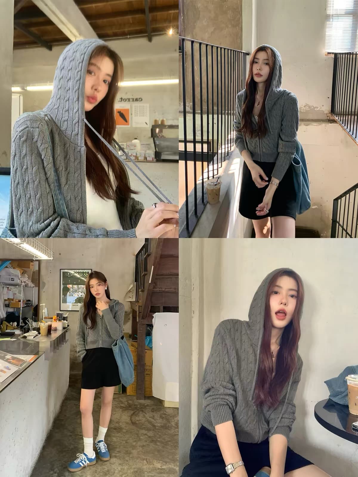 순수한 흰색 일기 후드 꽈배기 니트 오픈 가디건 여성 품격 지퍼 털 외투 셔츠 긴팔 맨위 이미지 4