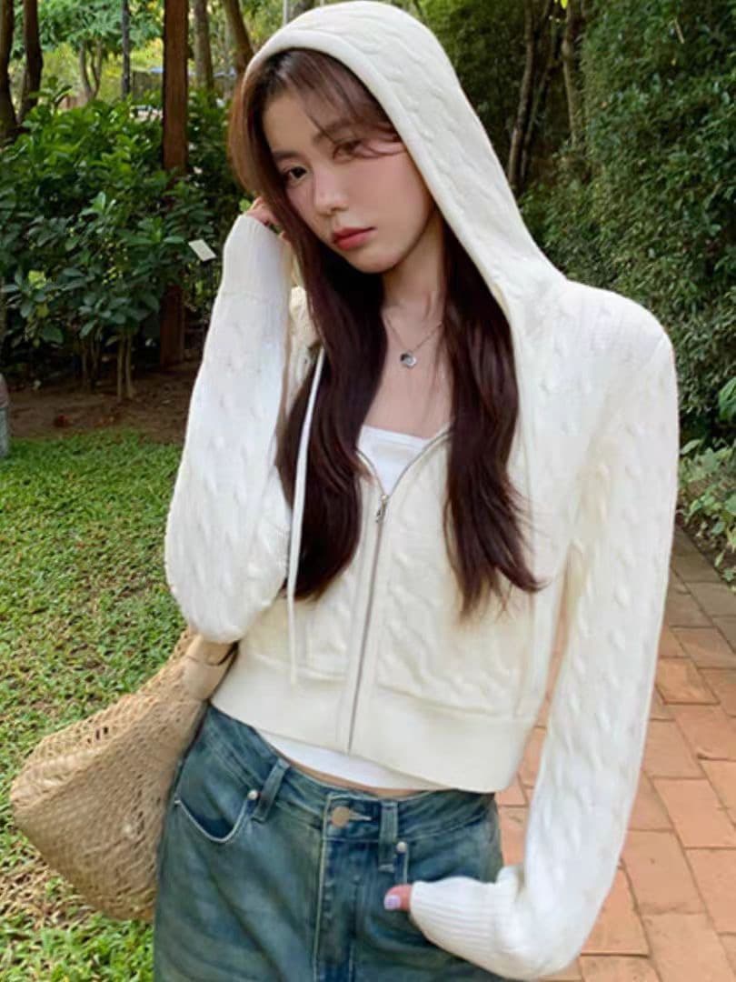 순수한 흰색 일기 후드 꽈배기 니트 오픈 가디건 여성 품격 지퍼 털 외투 셔츠 긴팔 맨위 상세 이미지 1