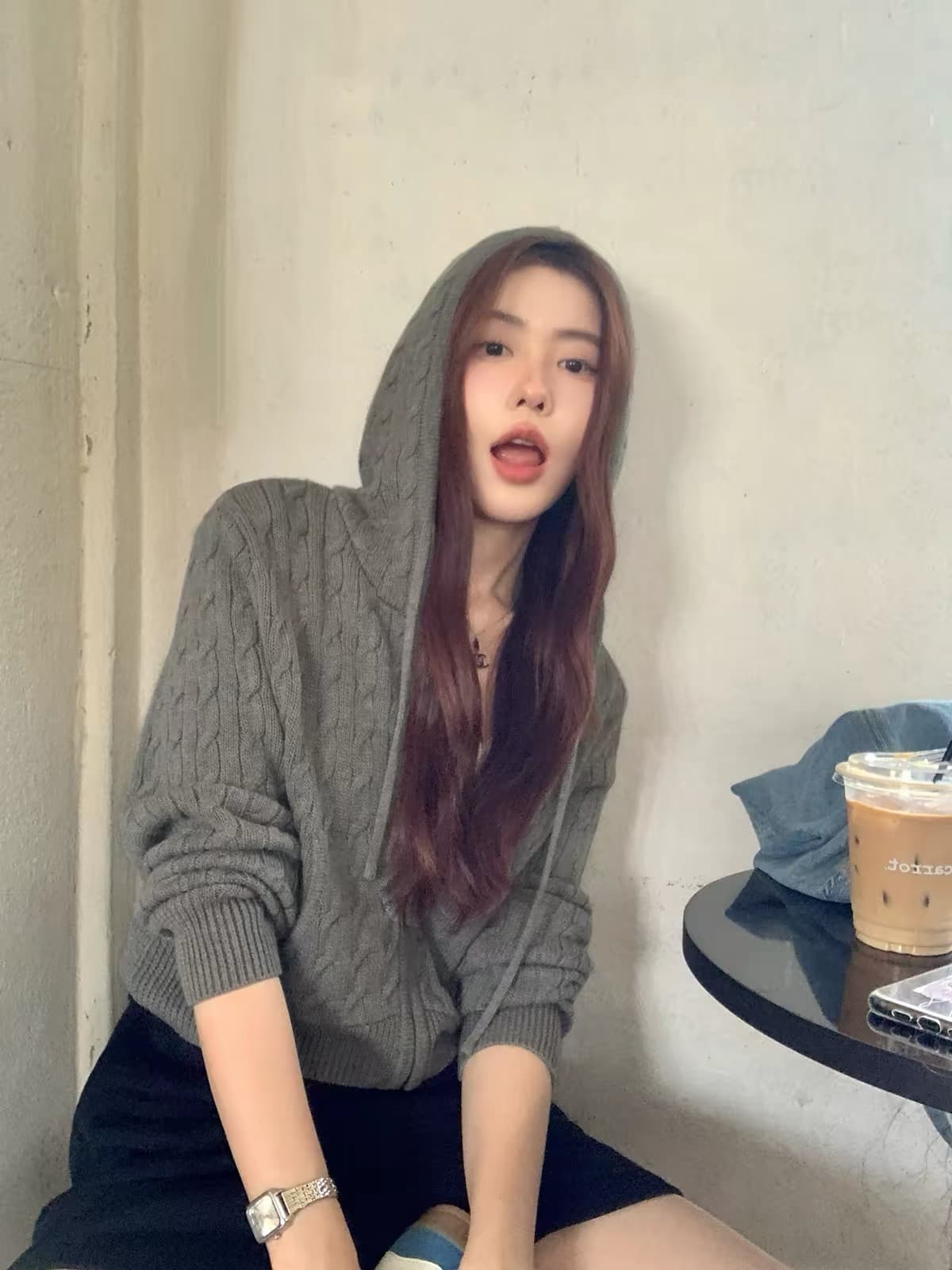순수한 흰색 일기 후드 꽈배기 니트 오픈 가디건 여성 품격 지퍼 털 외투 셔츠 긴팔 맨위 상세 이미지 4